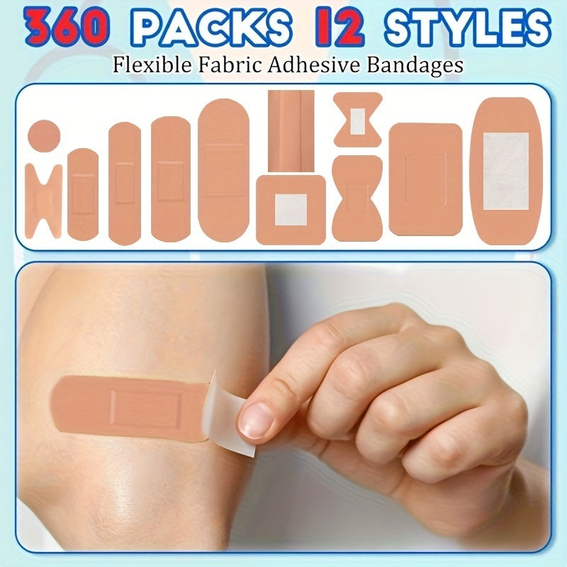 360-Piece Assorted Fabric Bandages Set - Flexible Breathable Fingertip Knuckle & Spot Adhesive Bandages for First Aid Home Office Travel