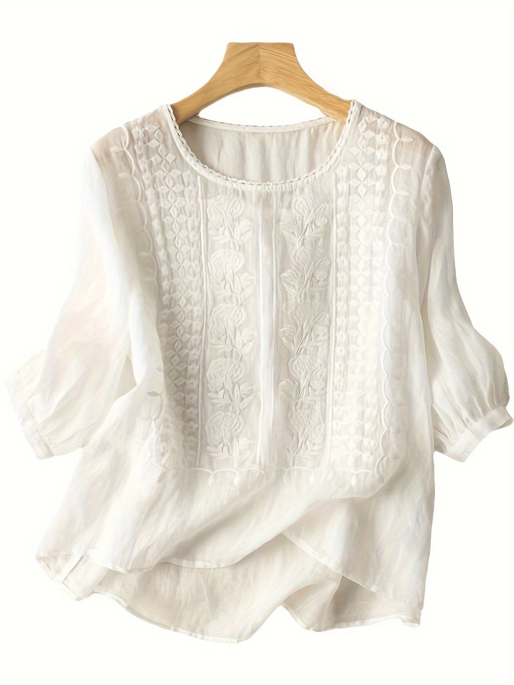 Embroidered Floral T-Shirt Women Casual Short Sleeve Crew Neck Soft Cotton Tee 4 Colors White Green Yellow Khaki S-XXL