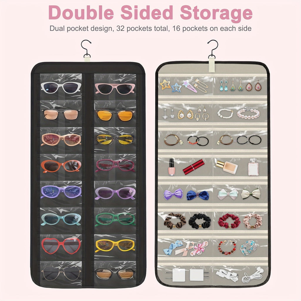 32-Slot Hanging Glasses Organizer – Double-Sided Wall Mount Sunglasses & Eyeglasses Holder with 360° Rotatable Hook, Dustproof Clear PVC Slots for Jewelry, Watches & Headbands, Travel Friendly
