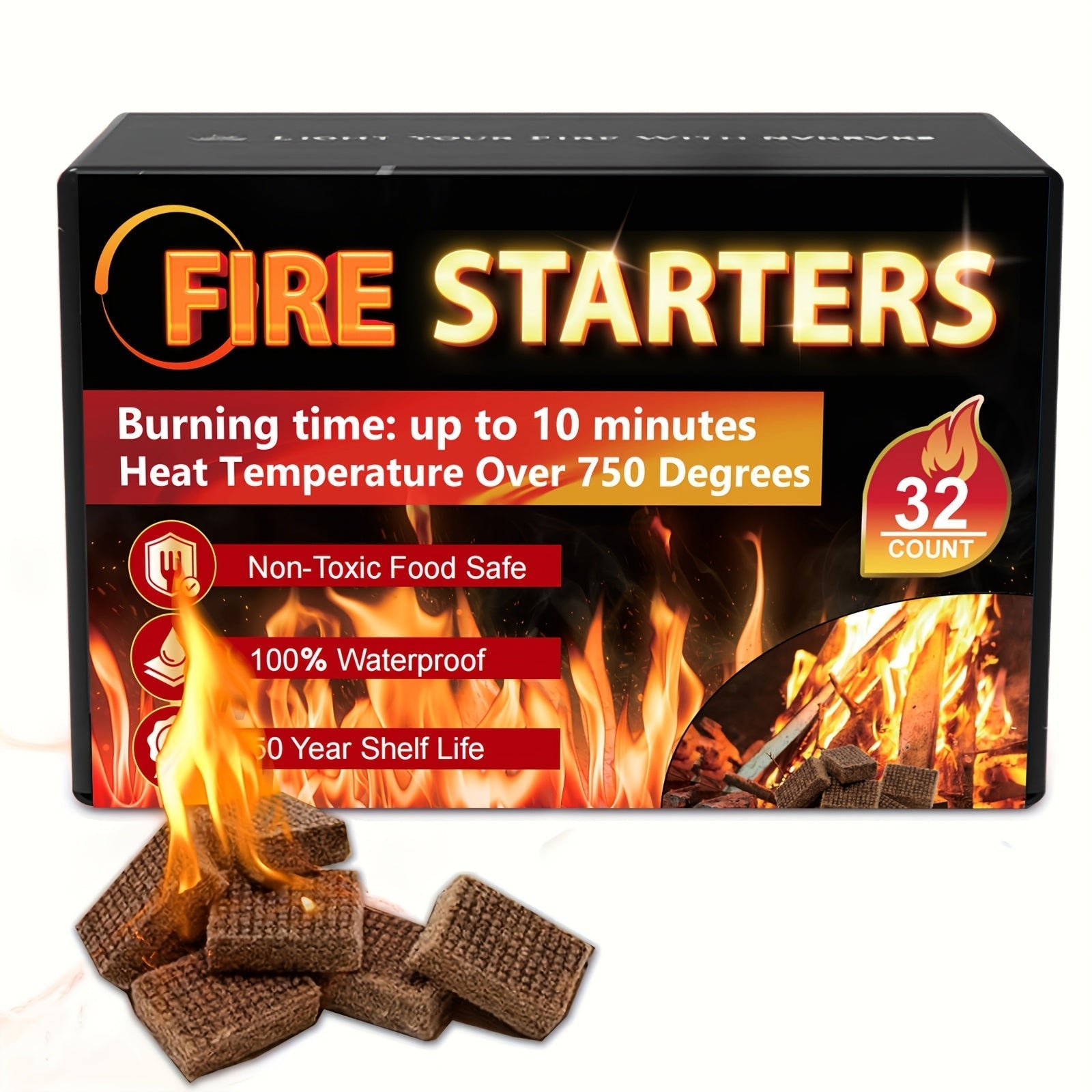 Waterproof Odorless Fire Starter Squares Bulk Pack – 6-Minute Burn Charcoal Firestarter Cubes for Campfire BBQ Grill Fireplace Wood Stove Fire Pit, No Kindling Needed, 32 64 128 192 Piece Options