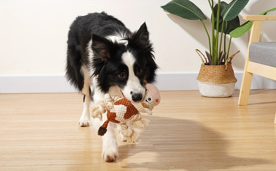 Squeaky Cow Dog Toy Plush Interactive Tug-of-War Rope with Crinkle Paper IQ Training Chew Toy for Small Medium Large Dogs Anxiety Relief Boredom Buster No Battery Needed