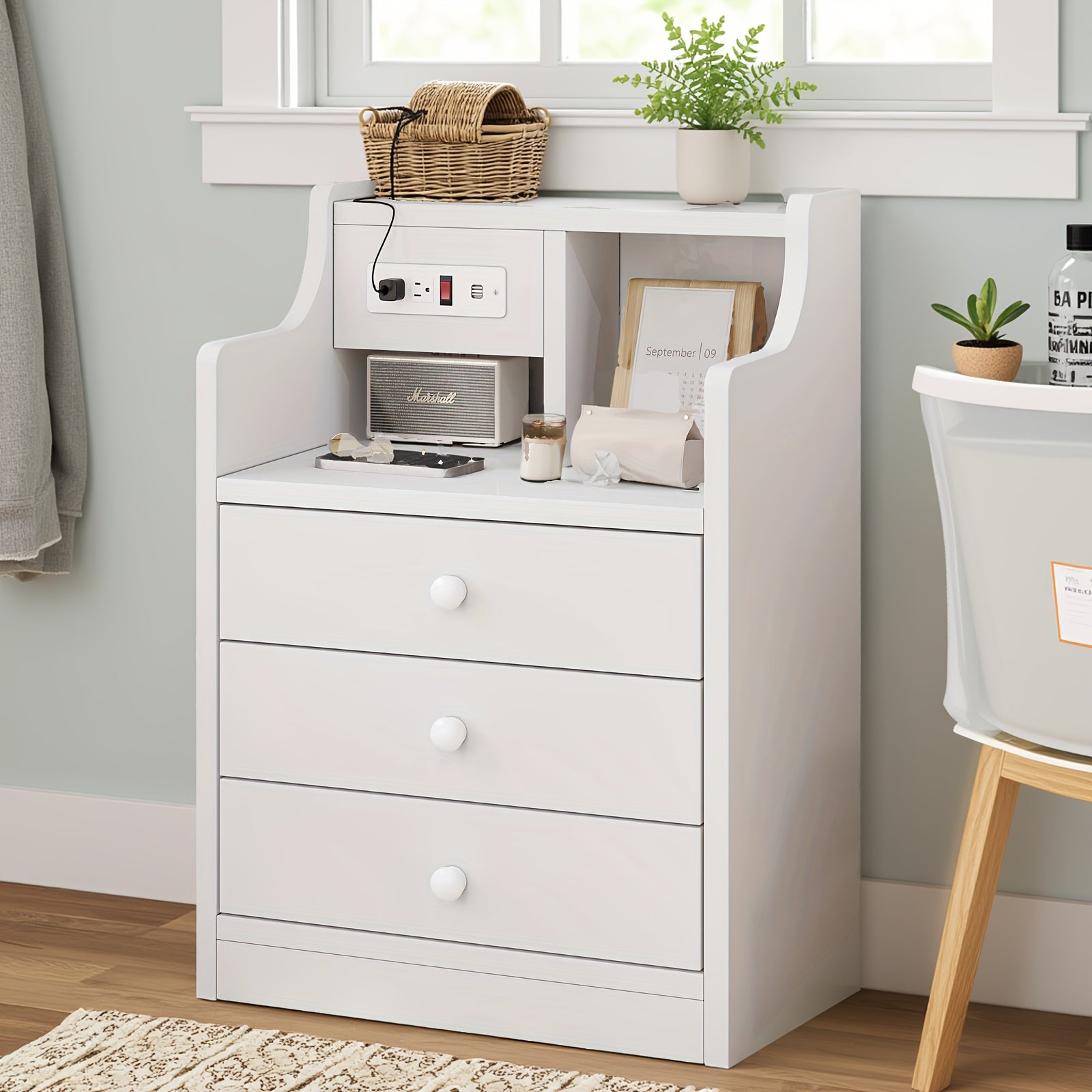 Nightstand with Charging Station 2 USB Ports 2 Outlets - 3 Drawers Hutch Bedroom End Table Sofa Side Table for Living Room Office Gray White 14x17.7x26.8 Inch