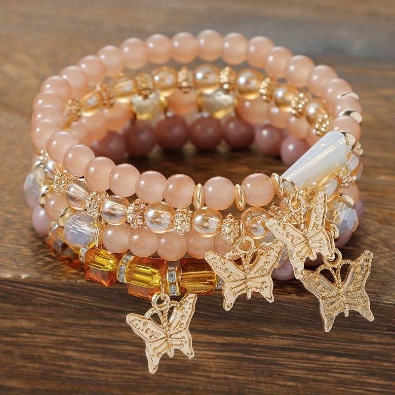 Butterfly Beaded Bracelet Set for Women Boho Stackable – 4 8 16pcs Sparkle Multi-Layered Elastic Charm Bracelets, Bohemian Wrist Jewelry Perfect Birthday Holiday Gift for Her