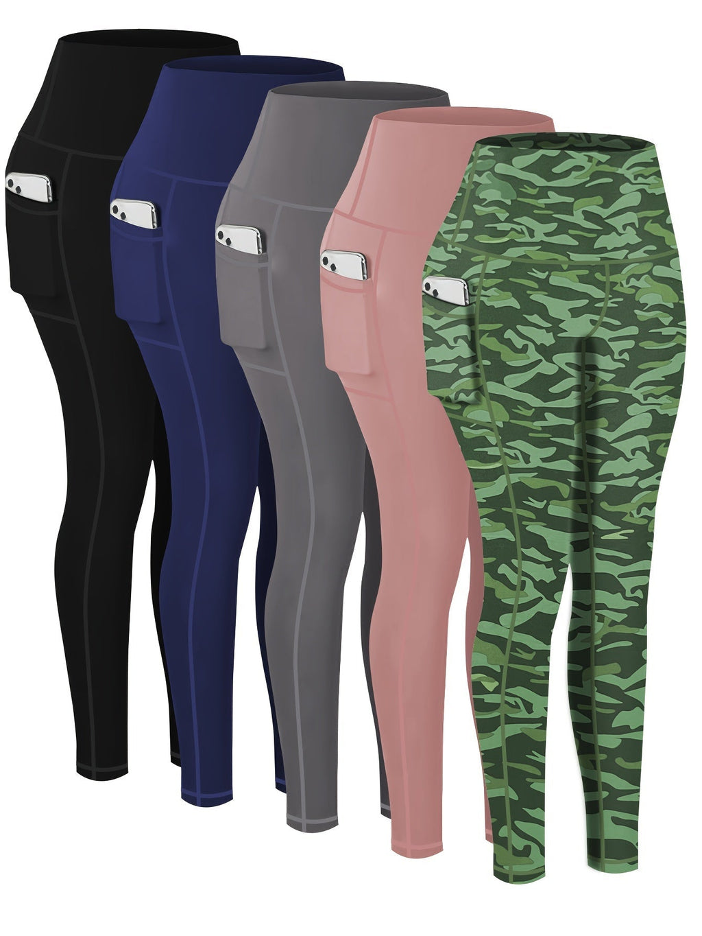 Women's Compression Yoga Pants 5 Pack 7/8 Length High-Waist – Printed Fitness Leggings with Leopard Camo & Solid Patterns for Gym Running Pilates, Athletic Tracksuit Bottoms S-XXL