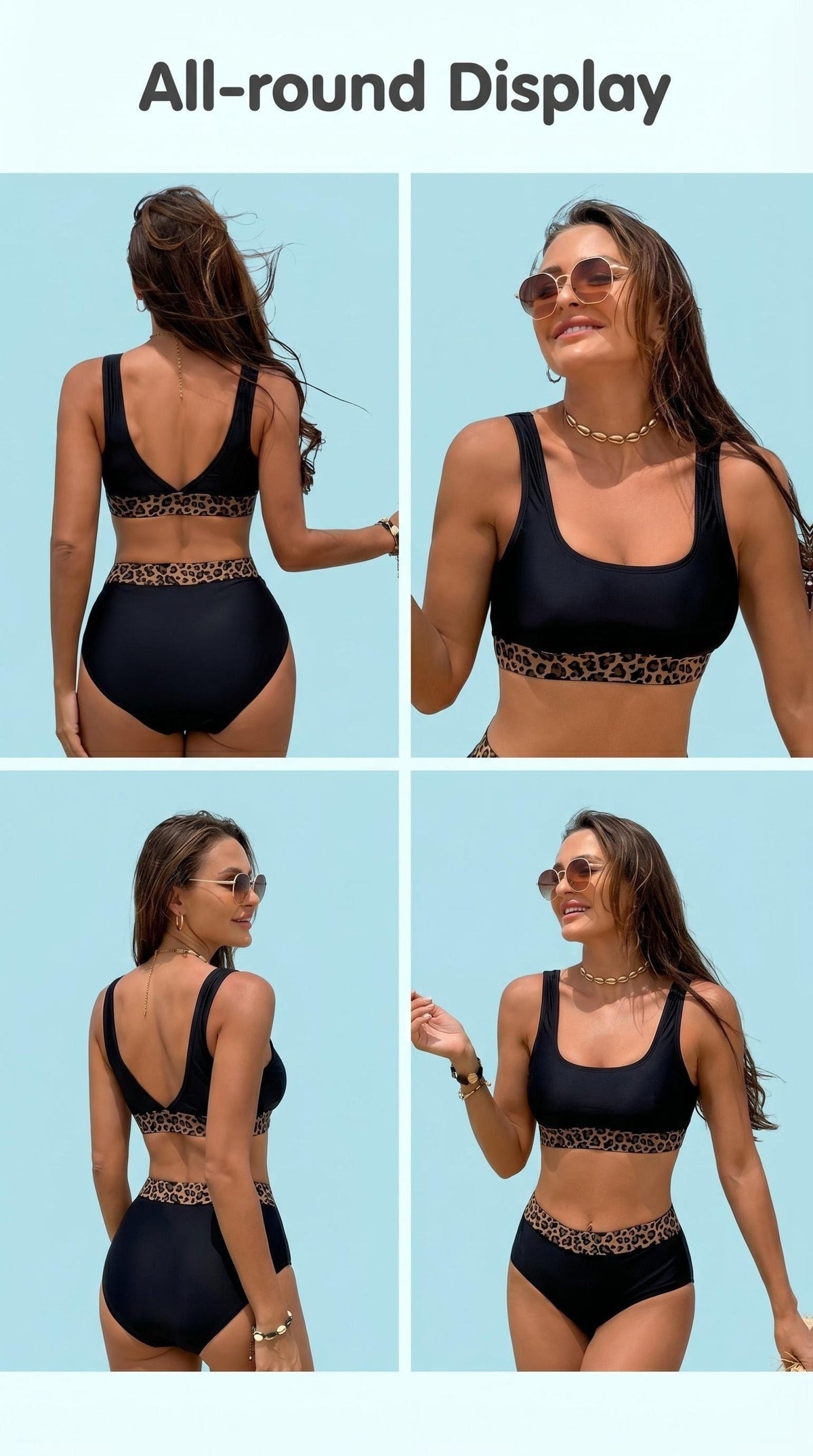 Women's High-Waisted Leopard Print Bikini Set Crop Top Square Neckline Retro Sexy Color Block Slimming 2-Piece Swimsuit Beach Pool Vacation S M L XL Black