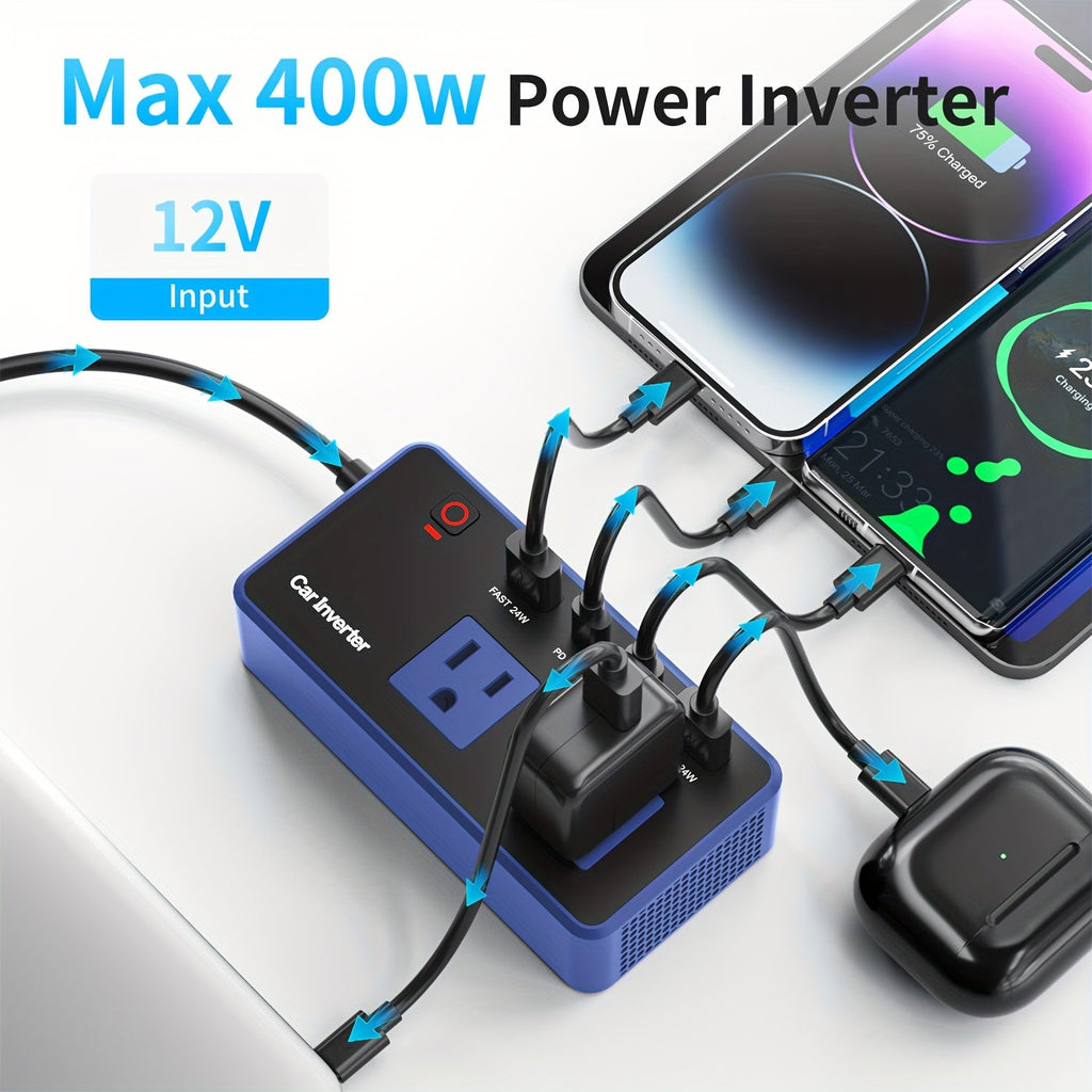 200W Car Power Inverter DC 12V to AC 110V with USB-C PD 24W QC3.0 Fast Charge Dual USB-A 4-Port Vehicle Outlet Adapter for Laptop Phone MacBook iPad Camping Road Trip Travel