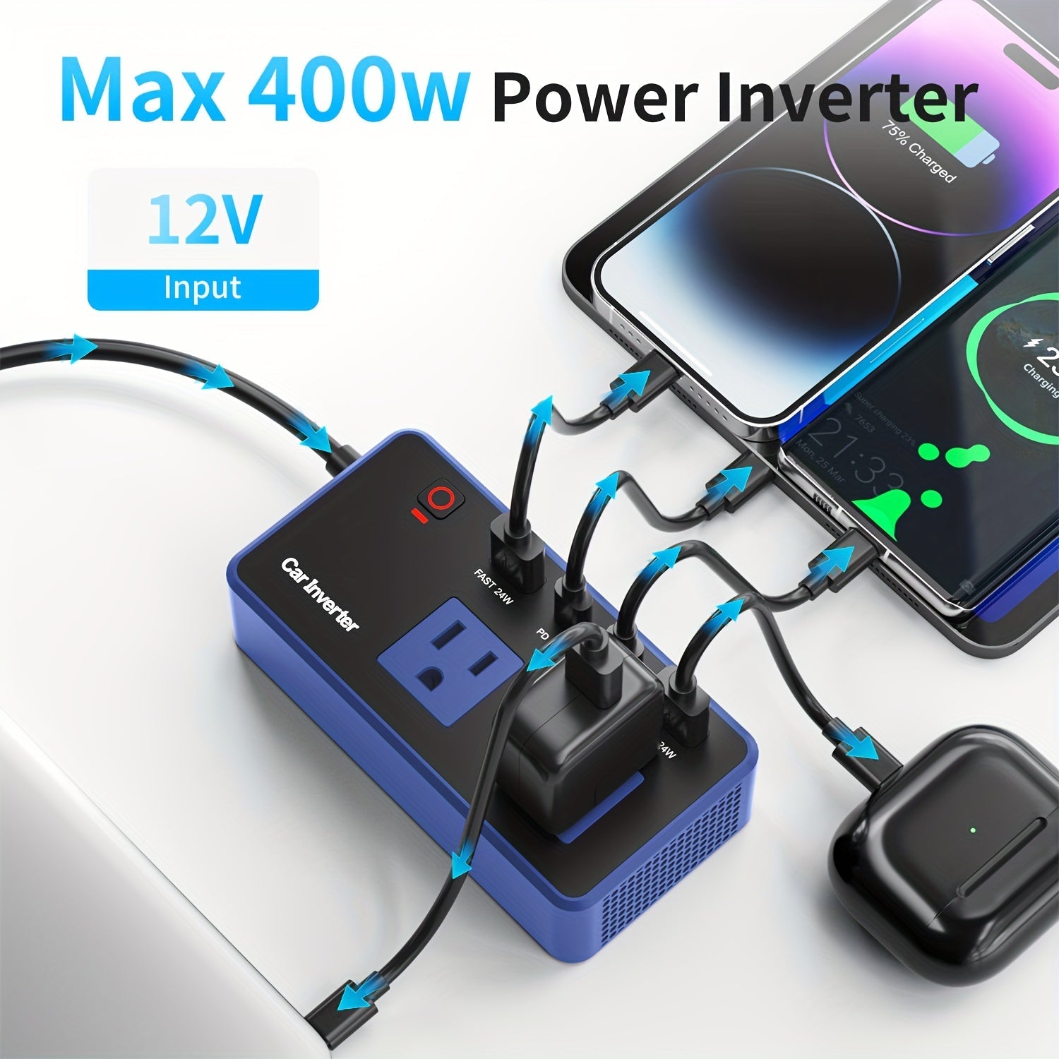 200W Car Power Inverter DC 12V to AC 110V with USB-C PD 24W QC3.0 Fast Charge Dual USB-A 4-Port Vehicle Outlet Adapter for Laptop Phone MacBook iPad Camping Road Trip Travel