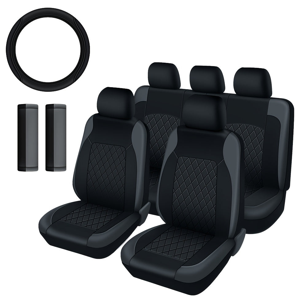 Quilted PU Leather Car Seat Covers Waterproof Sponge Padded All-Season Universal Fit Cars SUVs Trucks Gray Black Red Blue Single or 12-Piece Full Set Interior Protection | Nova Mart