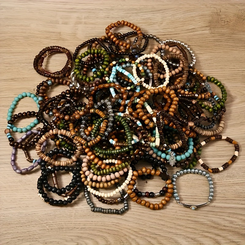 72pcs Boho Wooden Bead Bracelet Set for Women Men – Stackable Stretch Handcrafted Couples Bracelets Assortment Vintage Style Boho Jewelry Gift for Him and Her