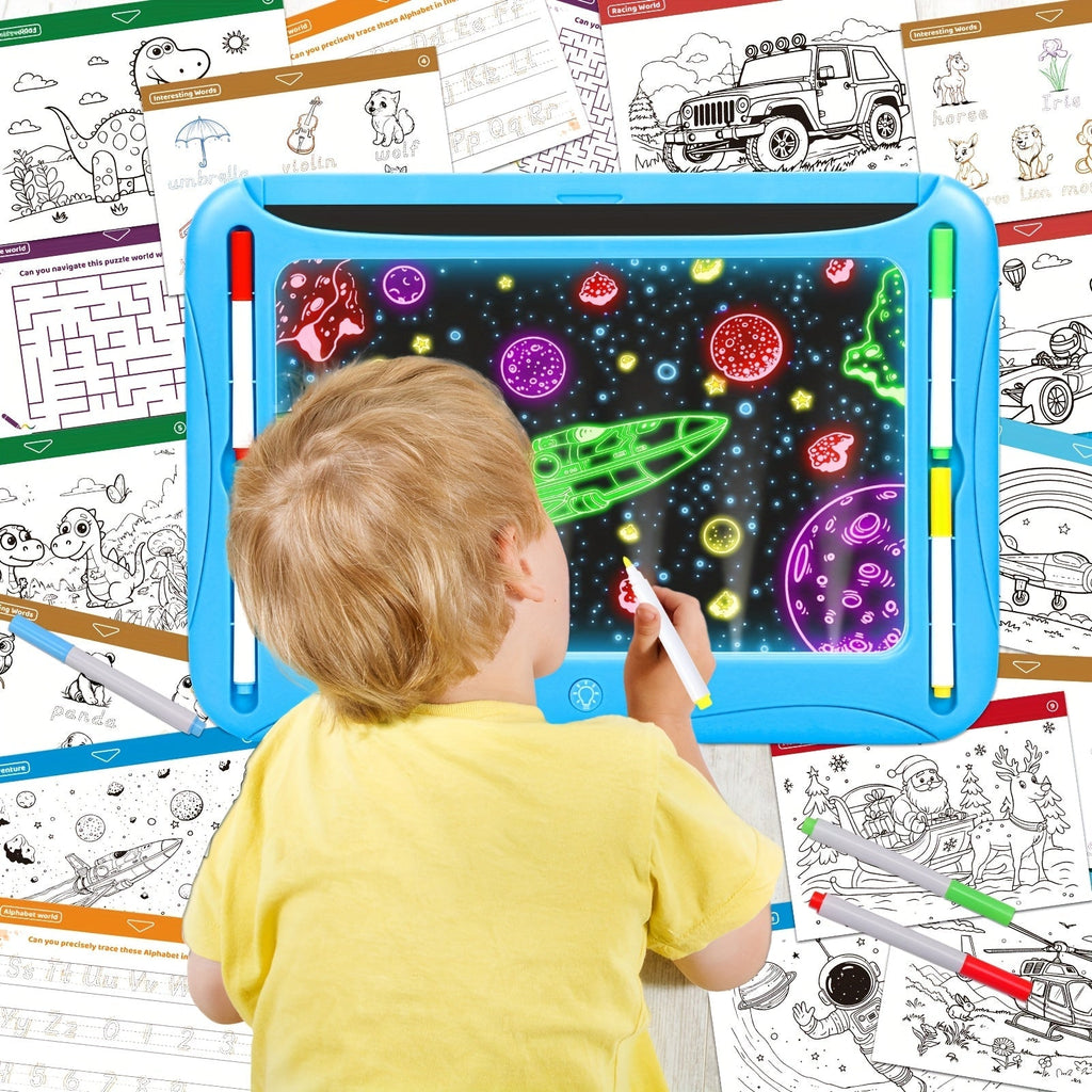 LED Light-Up Drawing Doodle Board for Kids Ages 3-8 – Glow Writing Art Set with 9 Double-Sided Cards & 6 Markers, Educational Learning Travel Toy, Birthday & Christmas Gift for Girls Boys