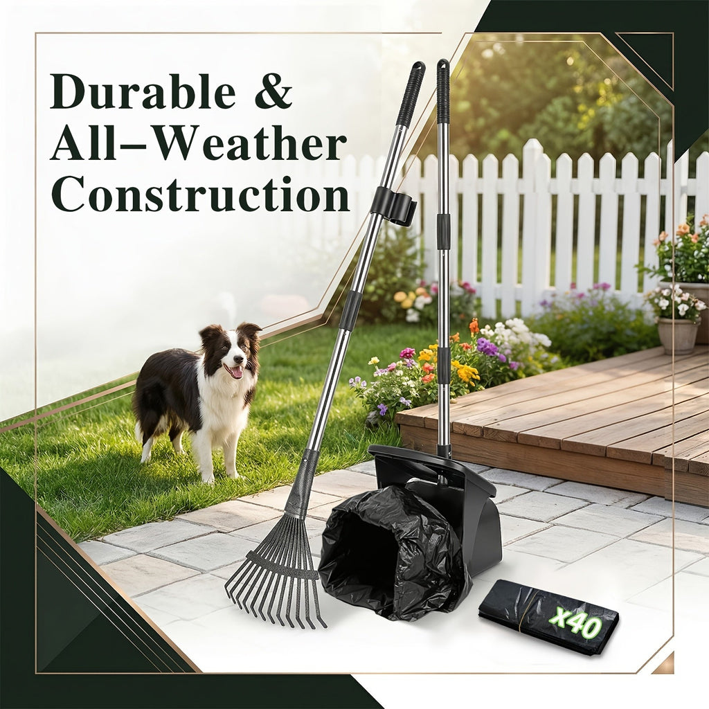 Heavy Duty Dog Pooper Scooper Set with Swivel Bin, Rake & Spade – Long Handle No-Bend Pet Waste Removal for Grass, Dirt & Gravel, 40 Waste Bags Included, Large Dogs