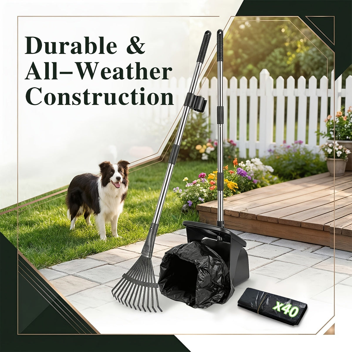 Heavy Duty Dog Pooper Scooper Set with Swivel Bin, Rake & Spade – Long Handle No-Bend Pet Waste Removal for Grass, Dirt & Gravel, 40 Waste Bags Included, Large Dogs