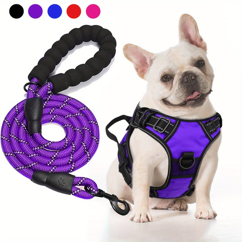 No Pull Dog Harness and Leash Set Adjustable Reflective Oxford Vest 5-Foot Padded Handle Rope Medium Large Dogs Quick-Release Buckles Sizes S M L XL 5 Colors Black Purple Blue Red