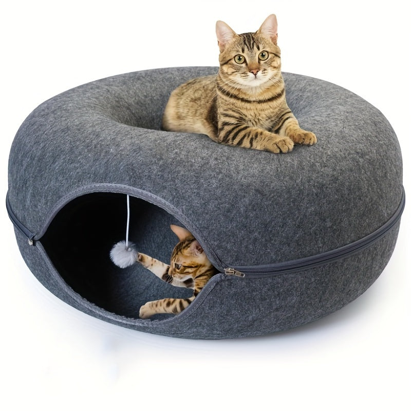 Cat Tunnel Bed with Donut Hole Indoor Hiding Place - All-Season Collapsible Soft Plush Cat Cave Bed for Indoor Cats, Dark Gray & Light Gray, 20 & 24 Inch, Perfect Cat Gift