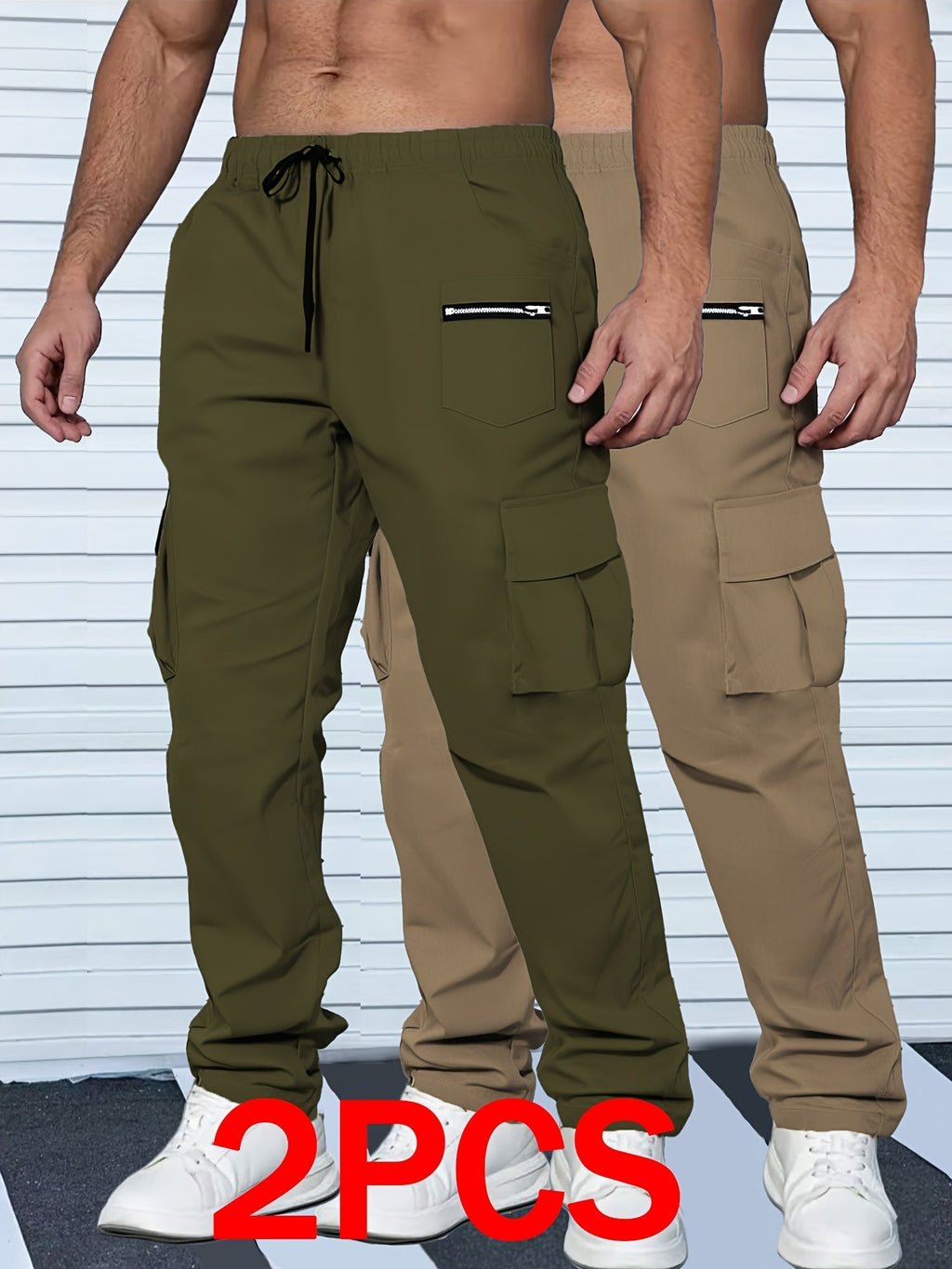 Men's Cargo Pants 2-Pack Multi-Pocket Elastic Waist Drawstring Hiking Trousers Breathable Loose Straight Fit All Season Black Khaki Dark Grey Sizes S-XXL