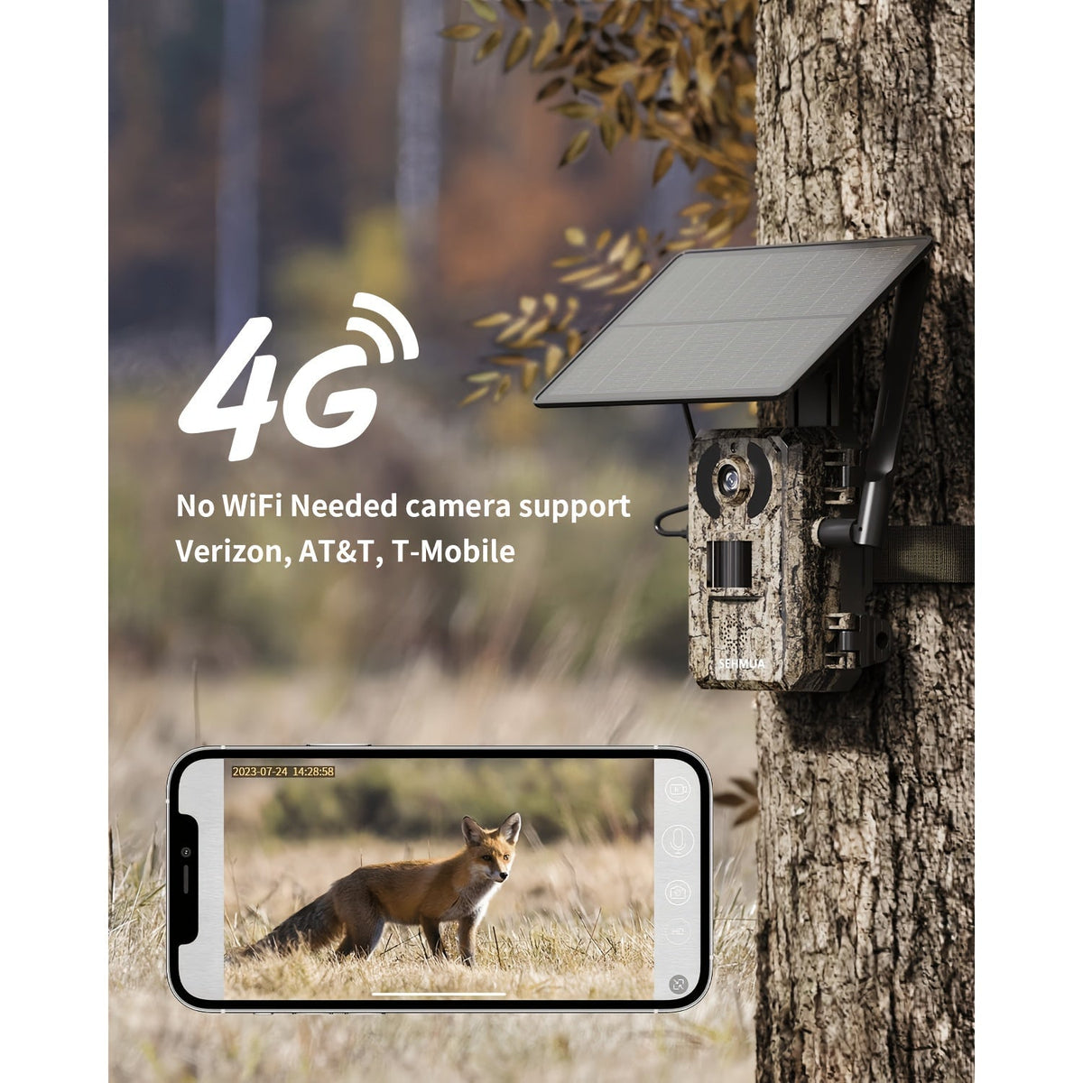 4G LTE Solar Trail Camera 4K – Cellular Game Camera with Built-In SIM Card, Phone App Live View, 0.2s Trigger, 82ft Night Vision, Solar Panel, Motion Activated for Hunting & Property Security
