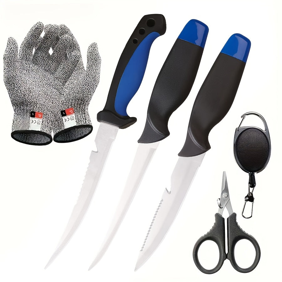 Fishing Knife Set 3 Piece Stainless Steel Fillet Boning Gutting Knives for Anglers & Campers – Includes Cut Resistant Gloves, Line Cutter & Cord, Unique Fishing Gift for Men & Dad