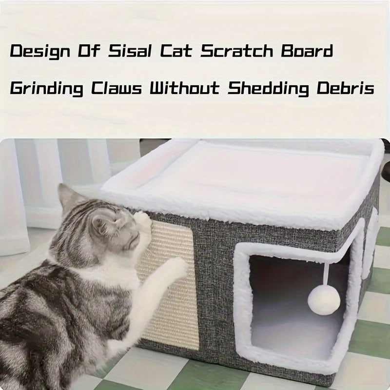 Foldable 2-Tier Cat House with Scratching Post, Plush Hanging Ball & Tunnel – Indoor Cat Cube Bed, Nylon Frame Canvas Construction, Space-Saving 16.5x16.5x13 Inch Design for Small Spaces