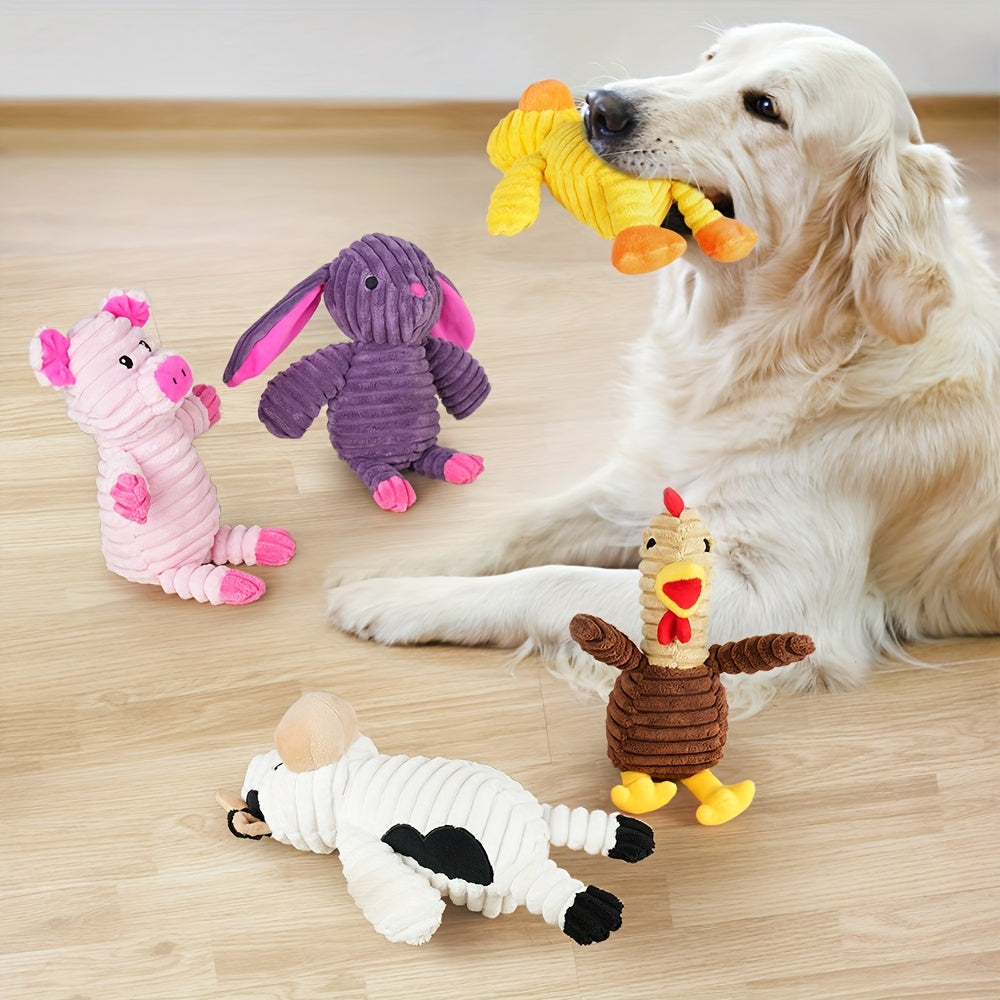 Plush Dog Squeaky Toys 5-Pack Bundle Washable Stuffed Animal Chew Toys for Small Medium Large Dogs – Embroidered Safety Eyes, Pig Frog Elephant Chicken Fox Designs