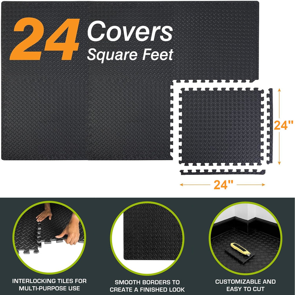 EVA Foam Puzzle Exercise Mat 24 SQFT 6-Tile Interlocking Floor Mat 24x24x0.5 Inch for Gym Garage Home Office Yoga Gymnastics Pilates Black