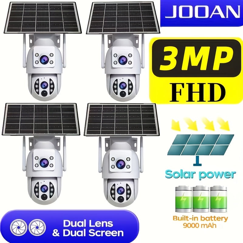 Solar Security Camera Outdoor 360 Degree PTZ 1296P HD Dual Lens Color Night Vision Two-Way Audio Motion Detection WiFi SD Storage Rechargeable Battery Wall Mount