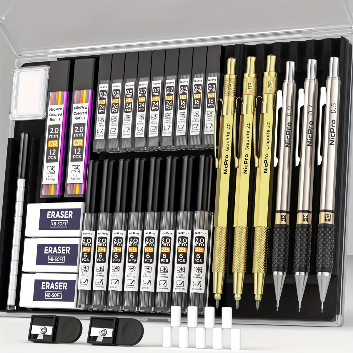 Nicpro 34-Piece Art Mechanical Pencil Set 6 Metal Drafting Pencils 0.5 0.7 0.9 2mm 19 Refill Leads 6B to H Erasers Storage Case Sketching Drawing Artists Students