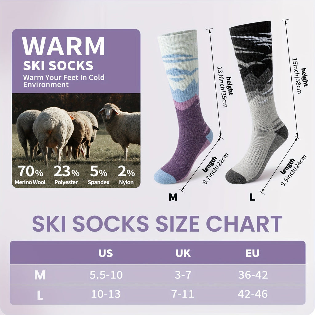 Wool Ski Socks 3 Pairs Thermal Knee High for Men & Women – Thick Warm Winter Socks for Skiing, Snowboarding & Outdoor Sports, 70% Wool, Sizes M & L, Multicolor / Dark / Snow Mountain