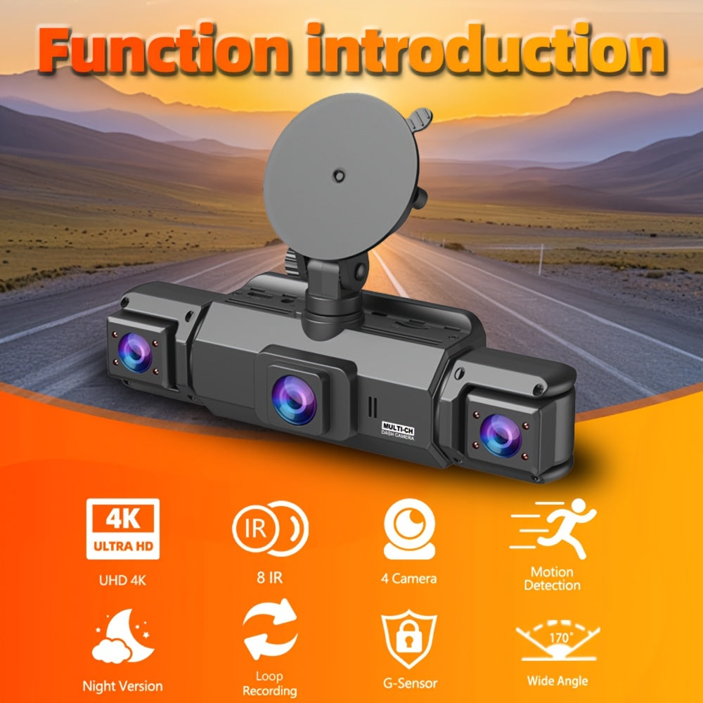 4K Dash Cam 360° Rotary 4-Channel Car DVR with Free 32GB SD Card Night Vision 24H Loop Recording Parking Monitor Front 4K Rear Left Right 1080P Cameras Rearview Camera for All Vehicles