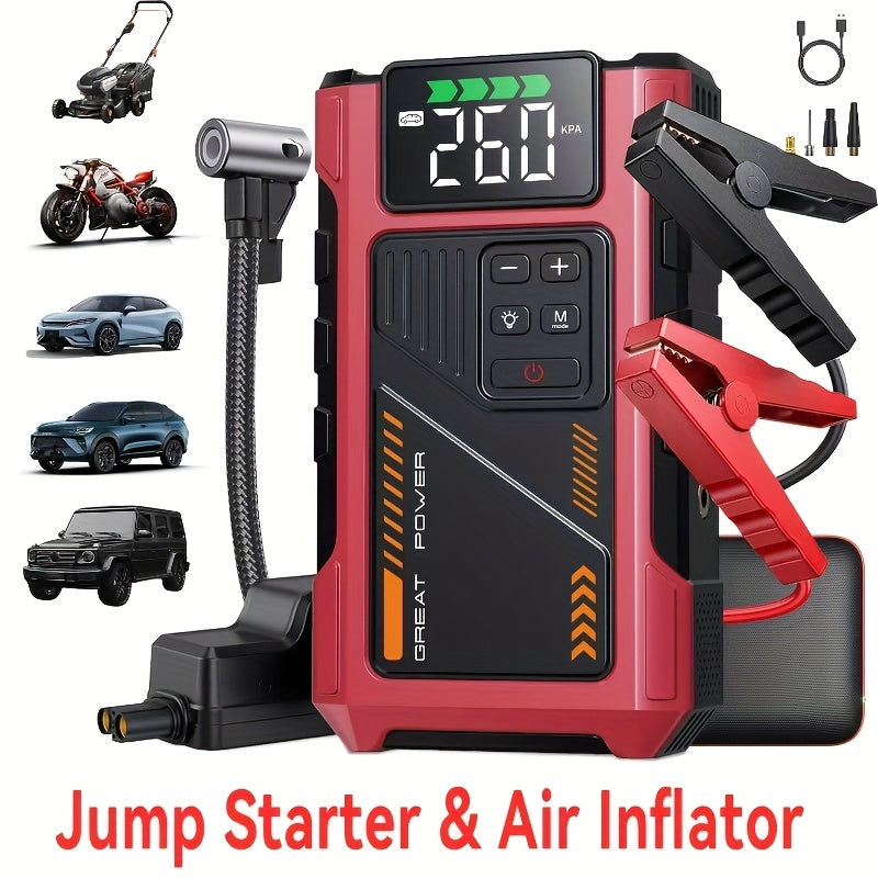 4000A Car Jump Starter with Air Compressor & Tire Inflator – All-in-One Portable Battery Booster for Gas & Diesel Engines, LED Light USB Power Bank Digital Display, Compact Emergency Car Starter