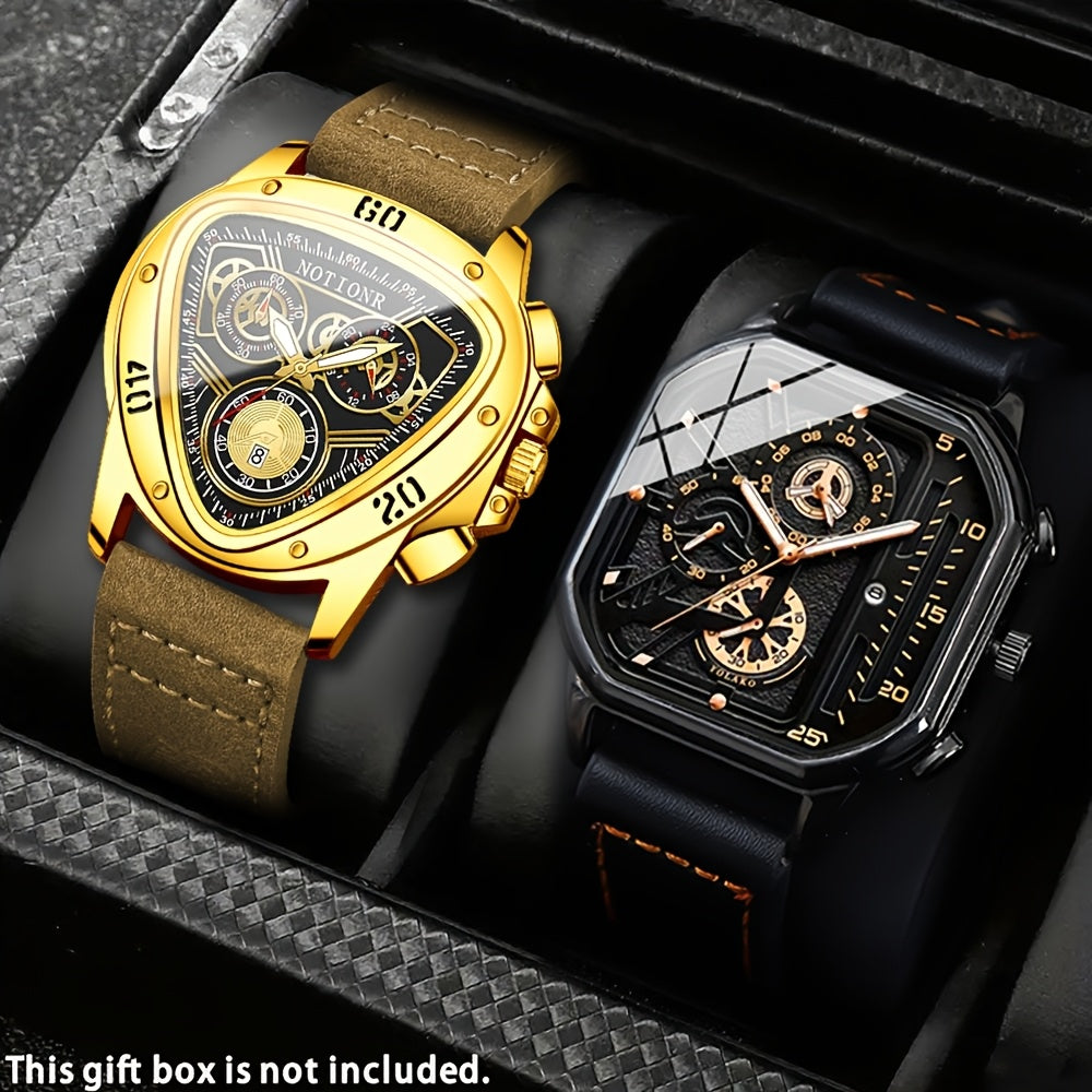 2pcs Men's Watch Set Sports Triangle Dial Silicone Strap and Retro Square Dial Quartz Watches with Date Display Dress Watch for Casual Valentine's Father's Day Gift