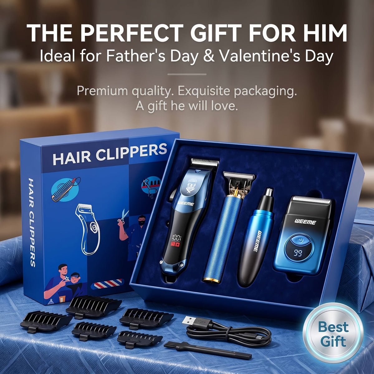 Men's Electric Hair Clipper Grooming Set USB Rechargeable Cordless Nose Hair Trimmer Shaver 2-Piece 4-Piece 5-Piece Professional Lithium Battery Father's Day Birthday Gift Golden Blue