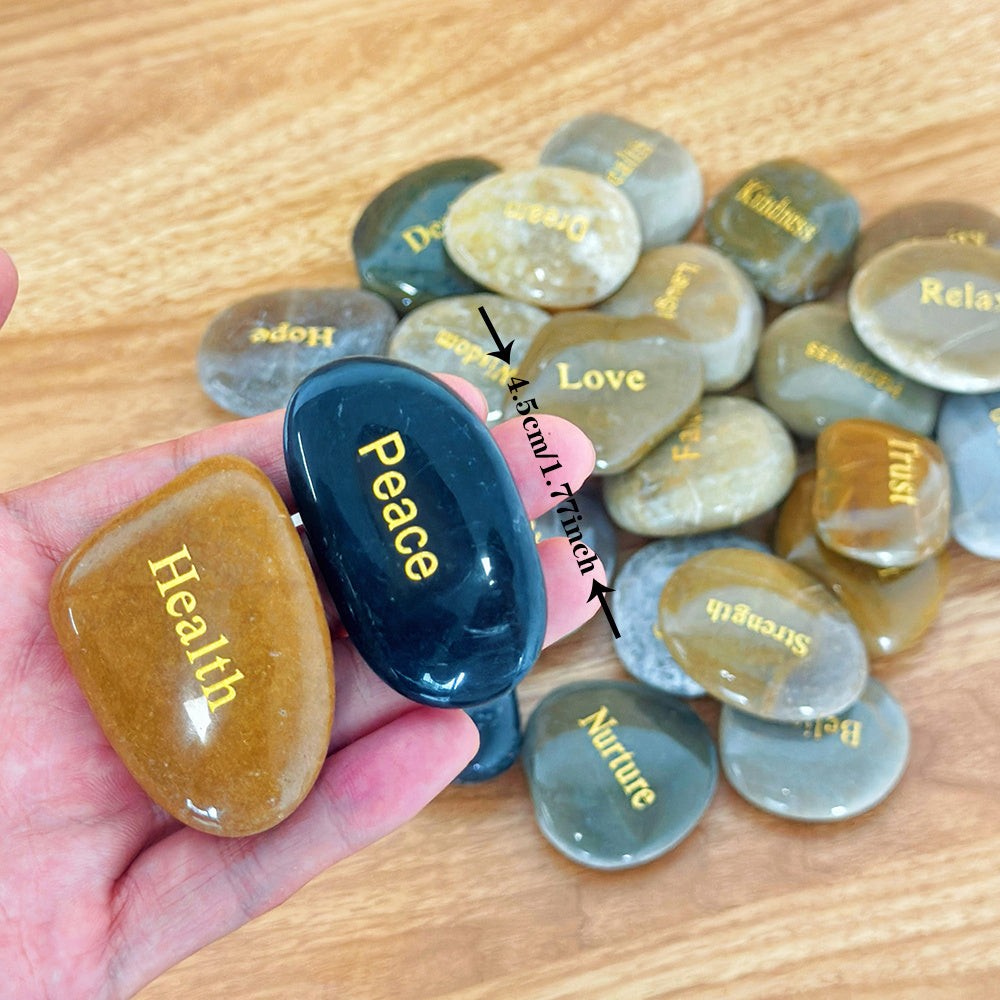 25pcs Engraved Inspirational Stones Set – Laser Engraved Golden Motivational Word Rocks Hand-Polished Mixed Color Natural Stones Home Decor Garden Prayer Meditation Gift for Friends Family