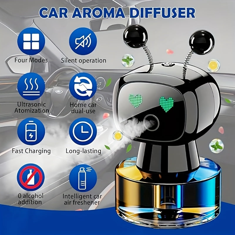 Robot Smart Car Air Freshener USB Rechargeable Auto Spray AI Expression Display 4 Scent Levels Adjustable Automatic Fragrance Diffuser Car Decoration Gift