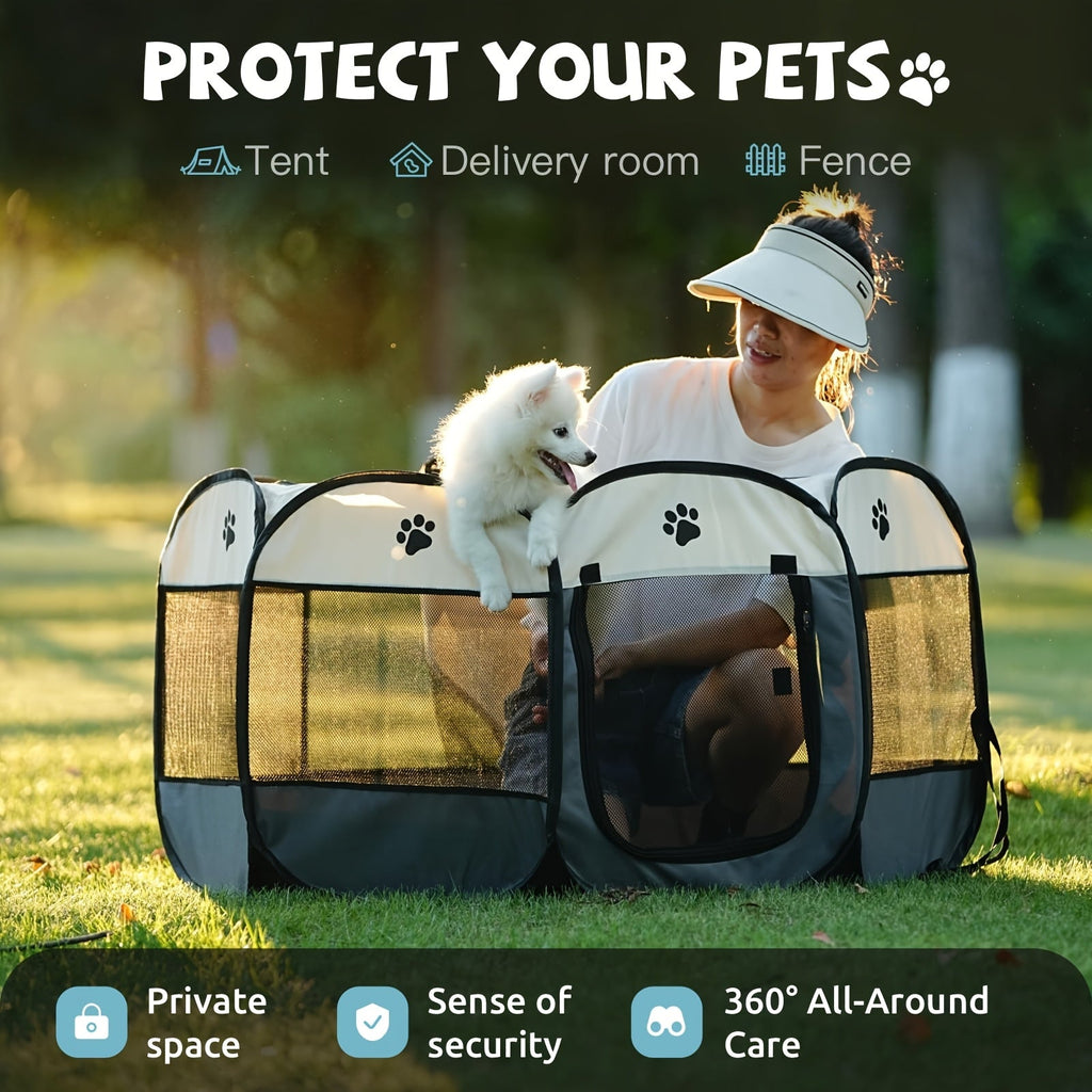 Octagonal Pet Playpen Tent Foldable Oxford Fabric - No Assembly Indoor Outdoor Dog Cat Enclosure Kennel Maternity Room M L XL Blue & Beige, Portable Collapsible Pet Exercise Pen