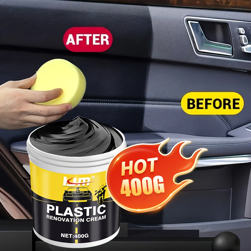 Car Plastic Rubber Repair Cream All-in-One Trim Restorer Scratch Remover Tire Shine Wax Anti-Cracking Anti-Aging UV Protection Formula for Interior Exterior Car Detailing Includes Sponge