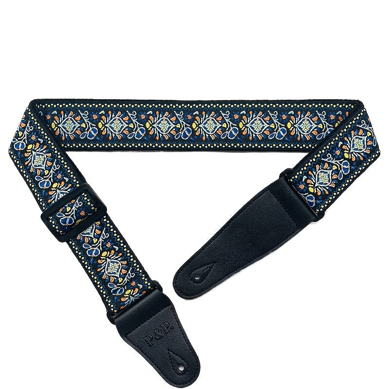 Adjustable Embroidered Guitar Strap with PU Leather Ends – Boho National Style, 35–57 Inch Length, Fits Acoustic, Electric, Classical Guitar & Bass, 11 Unique Designs