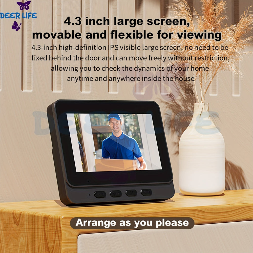Wireless Video Doorbell Camera with Monitor, No Subscription HD Smart Doorbell with Night Vision, Two-Way Talk, 4.3-Inch Screen & 128GB Storage for Home Security