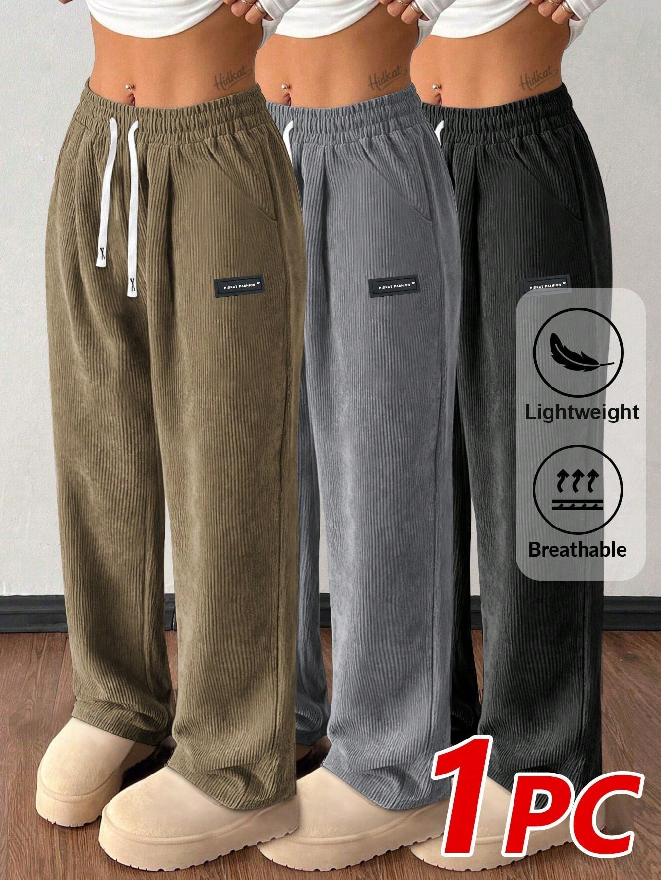 Women's Corduroy Straight Leg Pants Casual Drawstring Elastic Waist Vintage Pockets – Soft Breathable Fall Winter Trousers 6 Colors Khaki Black Blue Grey XS-XXL