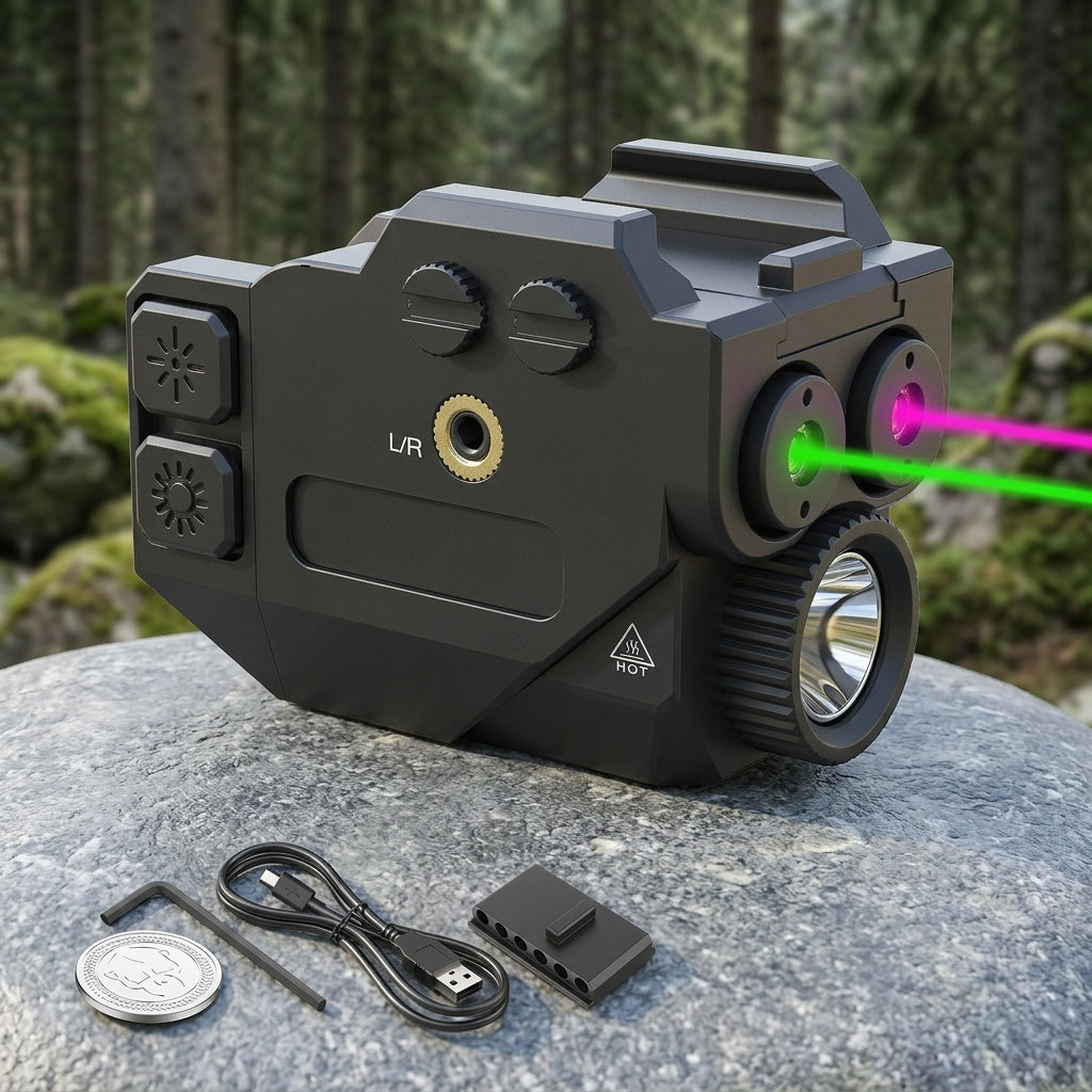 Tactical Flashlight with Dual Laser Sight – 450 Lumens Rechargeable Pistol Light for Picatinny Rail, Red+Green / Blue+Green / Purple+Green Laser Beam, Compact Handgun Accessory