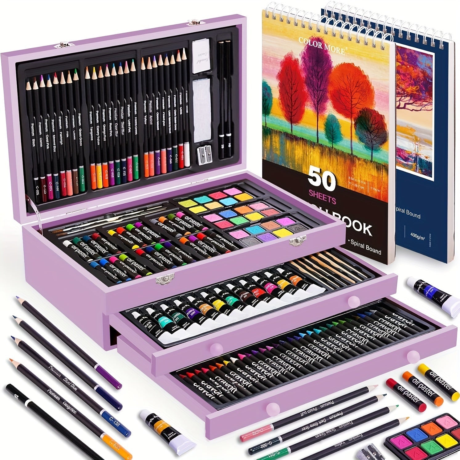 175-Piece Deluxe Art Set in Wooden Case – Professional Art Kit with 2 Drawing Pads, Crayons, Acrylic Paints & Colored Pencils, All-in-One Paint Supplies Gift for Kids & Adults, Cherry Pink Purple Blue Wood Brown