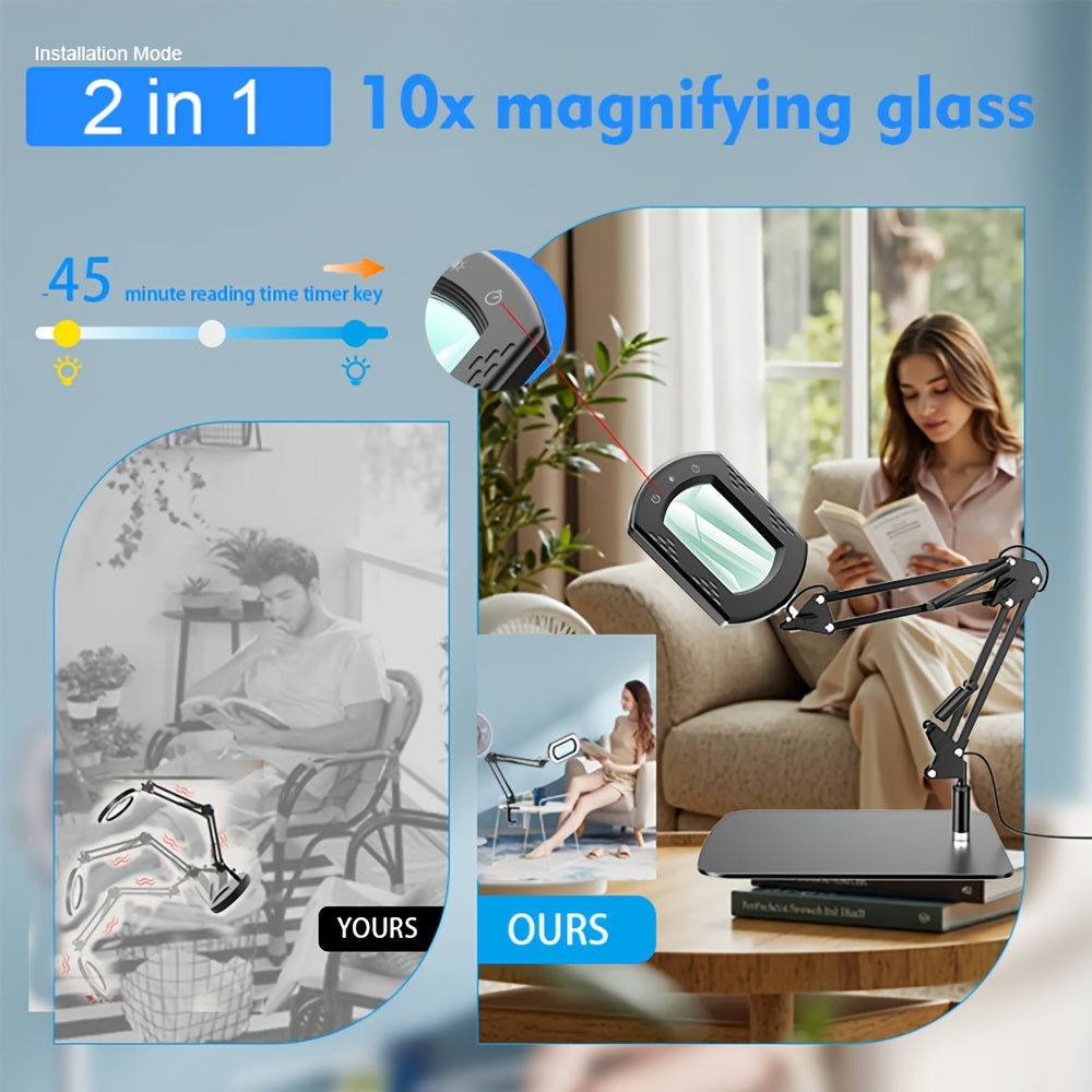 15X Magnification LED Magnifying Glass Lamp with Adjustable Arm & Clamp Base – Dimmable 3-Color Light, USB-Powered Desk Magnifier for Reading, Crafts, Manicure, Sewing & Precision Work (Black/White)