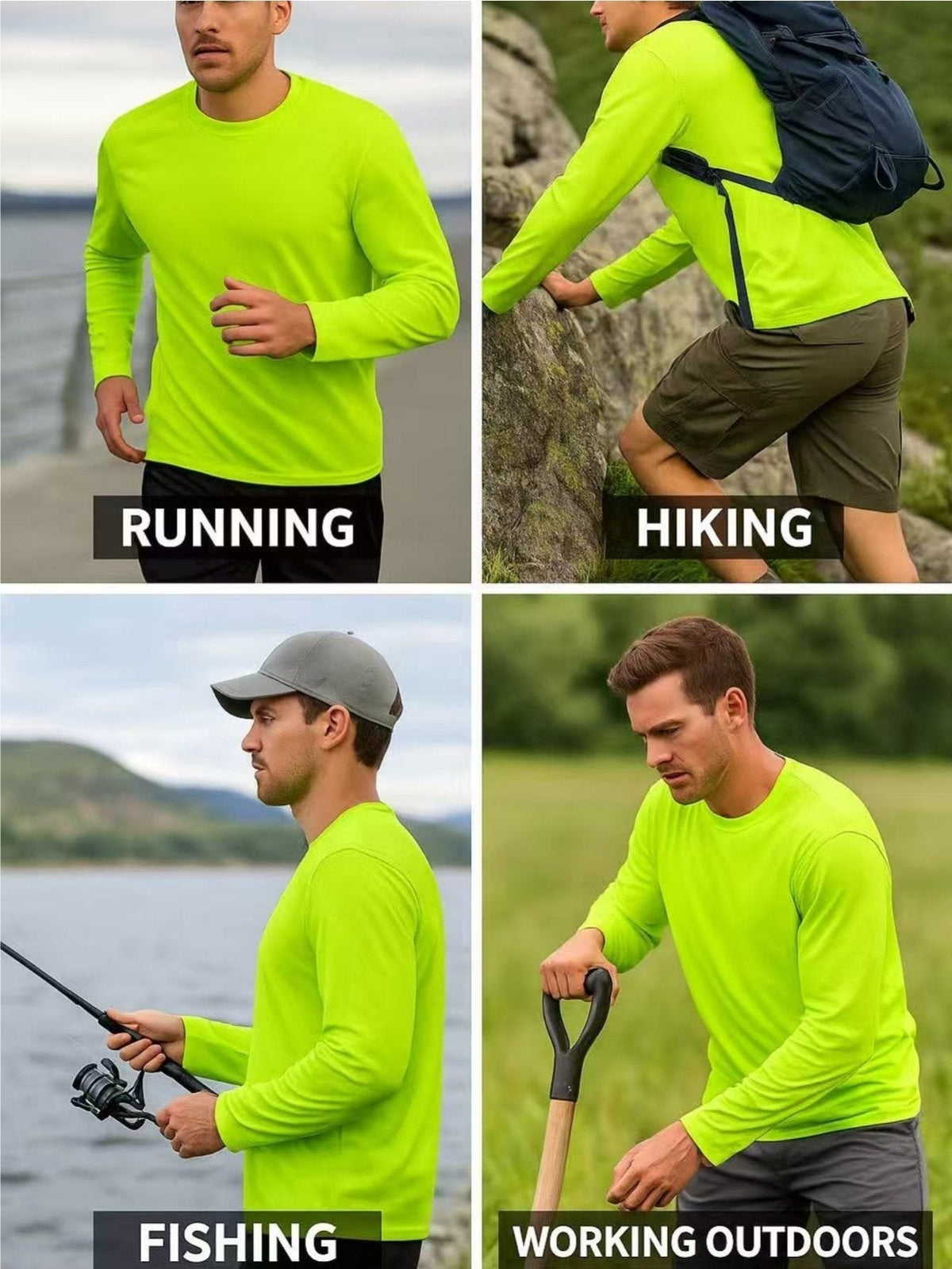 Men's Hi Vis Hooded Work Shirts 4-Pack UPF 50+ Long Sleeve Quick Dry Moisture Wicking Safety Shirts for Construction Outdoor with Neck Gaiter S-XXXL