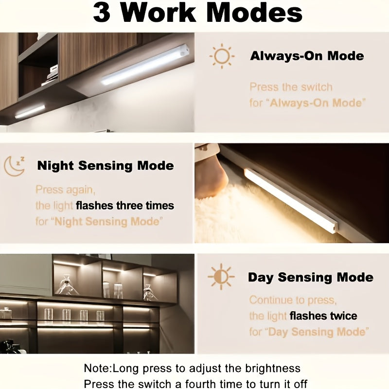 LED Motion Sensor Cabinet Lights USB Rechargeable – 3 Adjustable Modes Wireless Stick-On Night Light for Bedroom Staircase Kitchen Closet Hallway Under Cabinet Home Lighting 6 9 12pcs