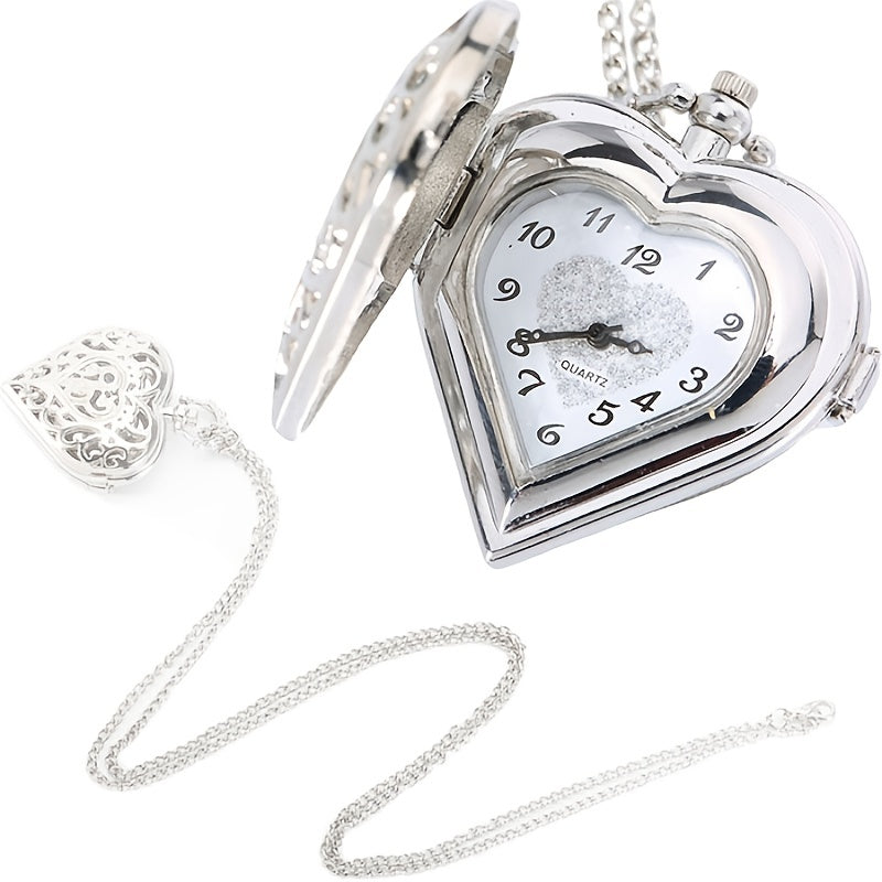 Heart Shaped Pocket Watch Necklace for Women Vintage – Romantic Hollow Quartz Pendant Sweater Chain Silver Tone Retro Jewelry, Perfect Mother's Day Valentine's Birthday Gift for Her