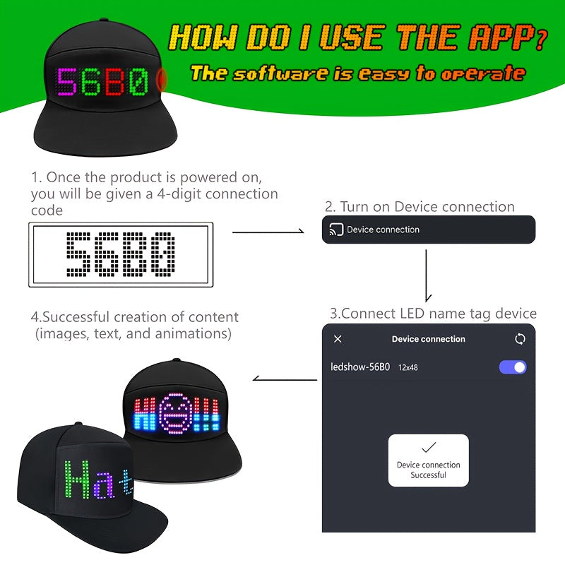 Programmable LED Hat APP Controlled Scrolling Text & Animation – Unisex Adjustable Smart Light Up Baseball Cap for Party Wedding Valentine's Day Carnival Festival in 3 Pixel Options