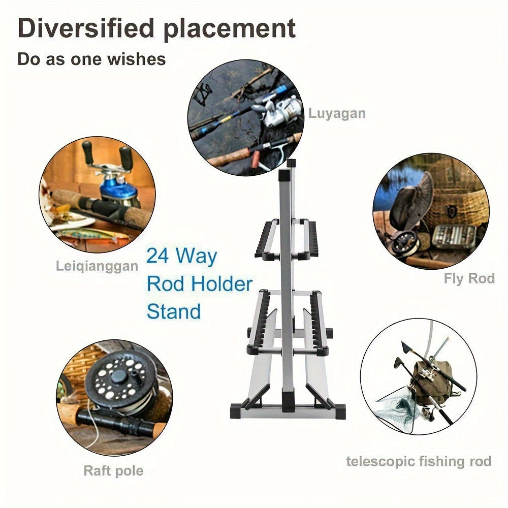 Portable Fishing Rod Holder Rack for 24 Rods Aluminum Alloy Rust-Resistant with Cushioned Grips - Lightweight Organizer for Garage, Cabin, Bedroom & Fishing Storage