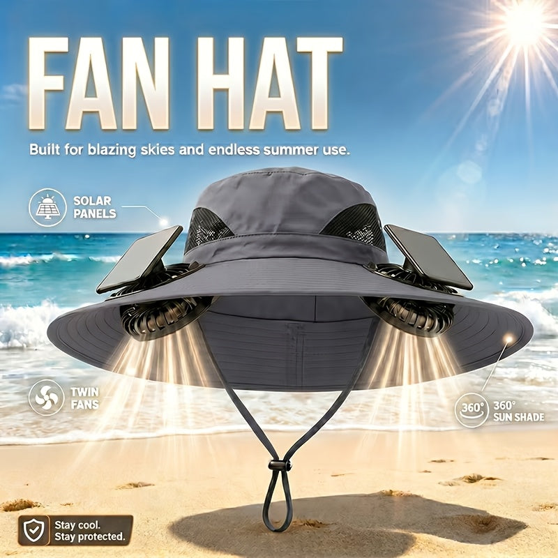 Solar Powered Cooling Fan Wide Brim Sun Hat with 2 Built-In Solar Fans – Adjustable Wind Speed Breathable Mesh UV Protection Outdoor Hat with Chin Strap for Fishing Camping & Hiking