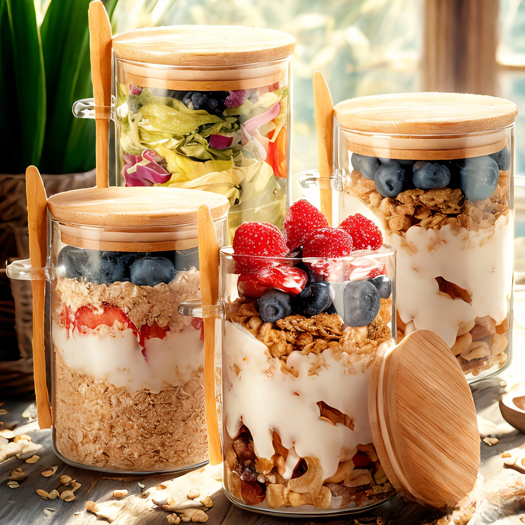 Overnight Oats Glass Jars with Lids and Spoons 4-Pack 16oz, Meal Prep Glass Containers for Oatmeal Yogurt Smoothies, Large Capacity Breakfast Jar Set, Reusable Condiment Glass Jar – Perfect Gift