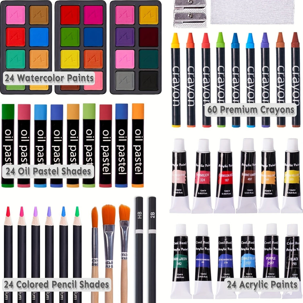 175-Piece Deluxe Art Set in Wooden Case – Professional Art Kit with 2 Drawing Pads, Crayons, Acrylic Paints & Colored Pencils, All-in-One Paint Supplies Gift for Kids & Adults, Cherry Pink Purple Blue Wood Brown