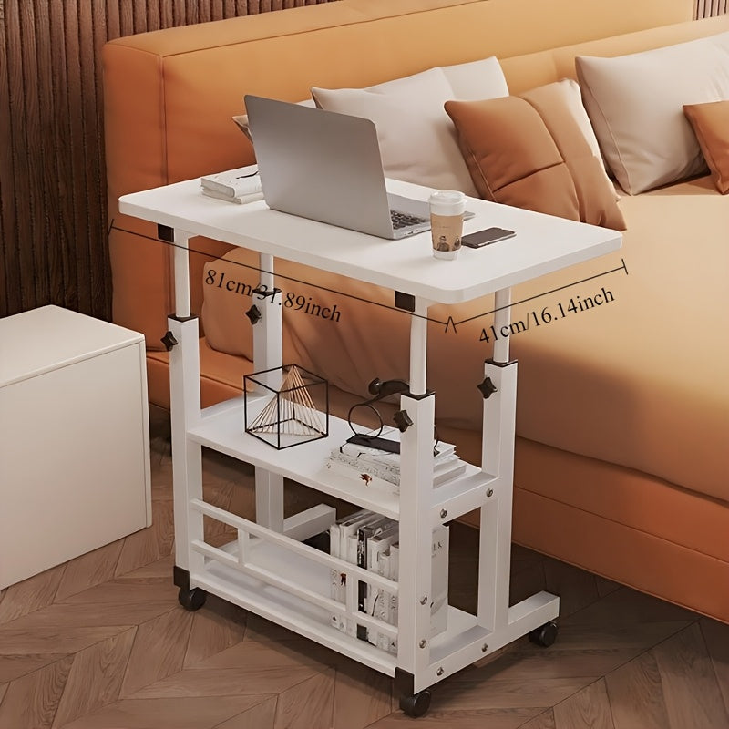 Rolling Folding Desk 3-Tier with Wheels Height Adjustable Expandable Desktop Storage Shelf Laptop Study Home Office Bedroom Living Room Computer Table Multi-Color